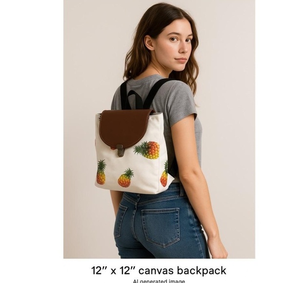 Pineapple Design Brown Flap White Body Black Straps Printed Backpack 12 Inches - Picture 1 of 8